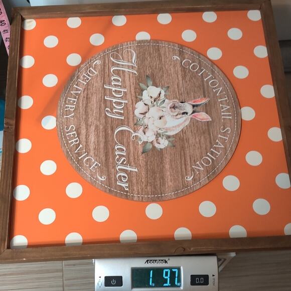 Cottontail Bunny Happy Easter Orange White Polka Dots Large Wooden Wall Decor - Picture 7 of 8